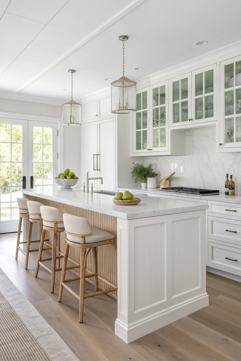 All-white minimalist kitchen with matte cabinets, polished counters, veined backsplash, fluted glass, and pale wood