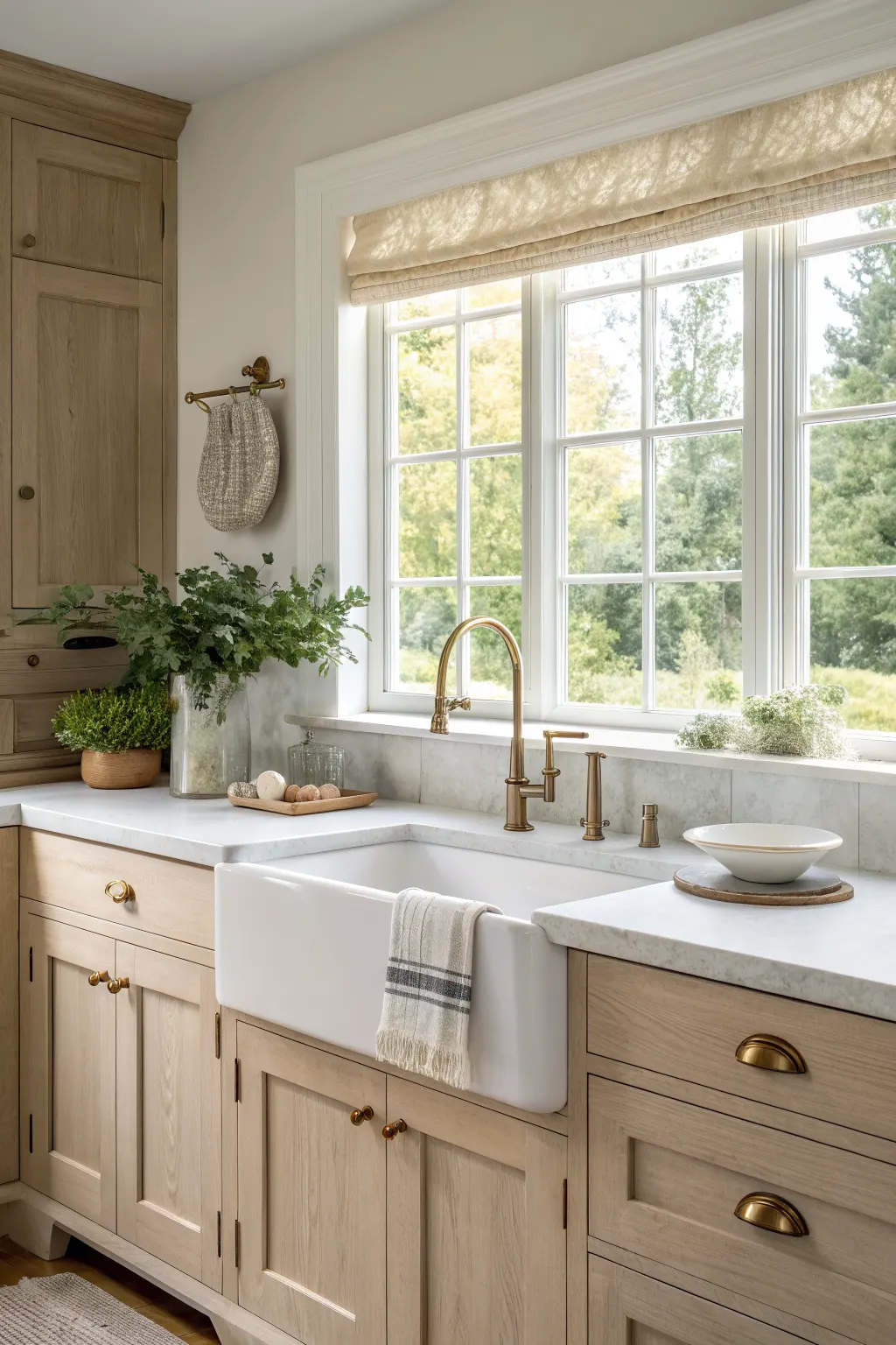 25 Farmhouse Kitchen Sink Ideas for a Charming, Timeless Kitchen Apron-front sink centered under a bright window with brass faucet, woven shade, and simple farmhouse kitchen styling.