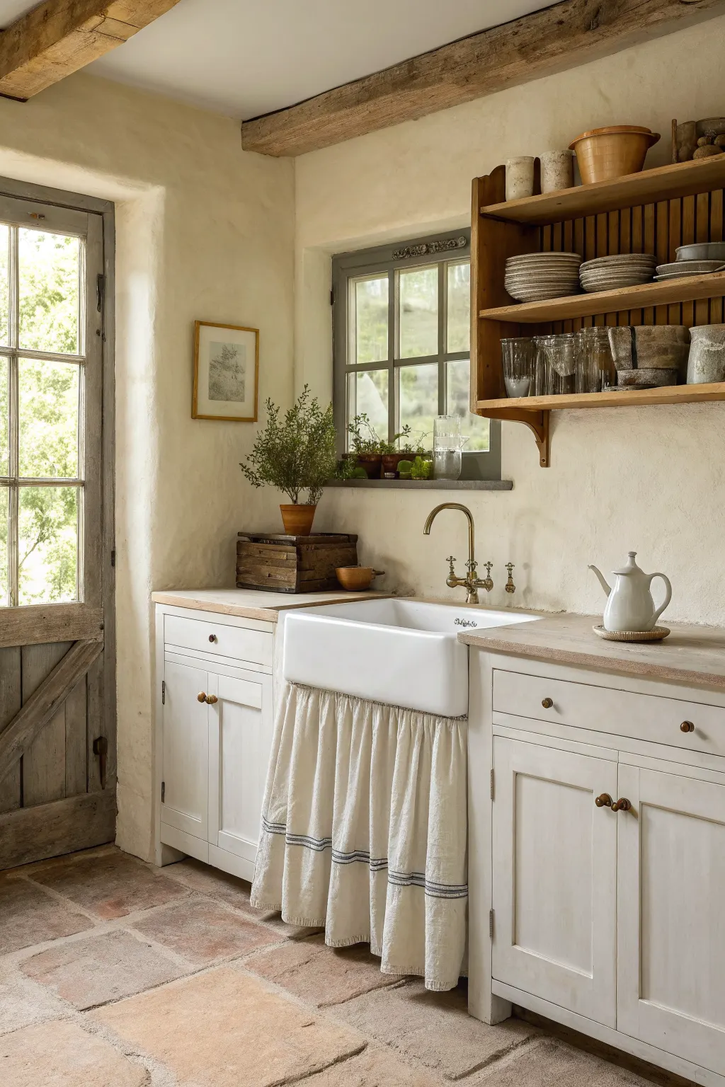 25 Farmhouse Kitchen Sink Ideas for a Charming, Timeless Kitchen Apron-front sink with a striped linen skirted sink base in a cozy cottage-style farmhouse kitchen.