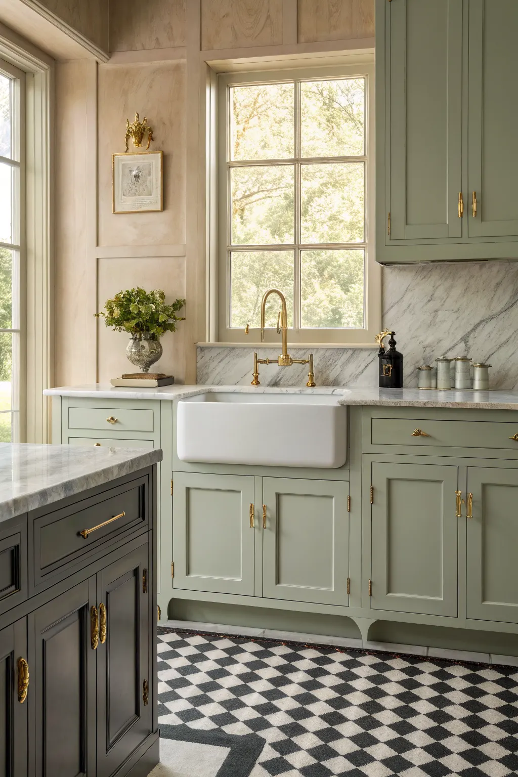 25 Farmhouse Kitchen Sink Ideas for a Charming, Timeless Kitchen Apron-front sink with an unlacquered brass bridge faucet in a muted farmhouse kitchen with checkerboard flooring.