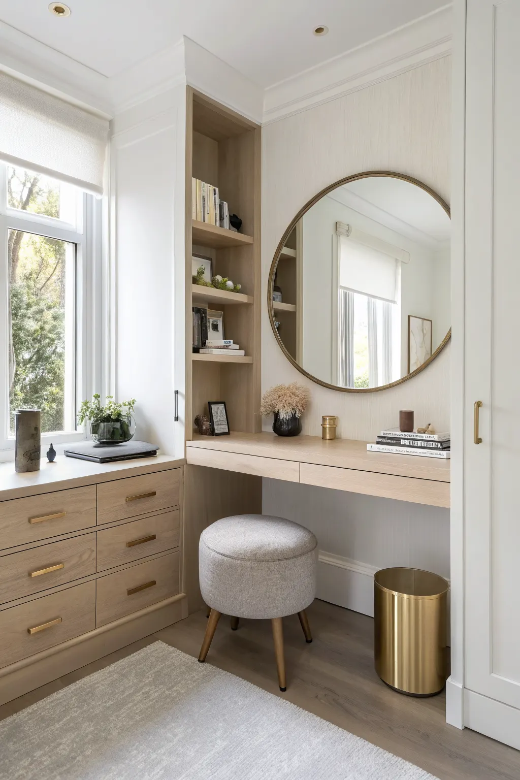 Light wood floating vanity with round mirror, shelves, stool, and brass accents beside a bright window