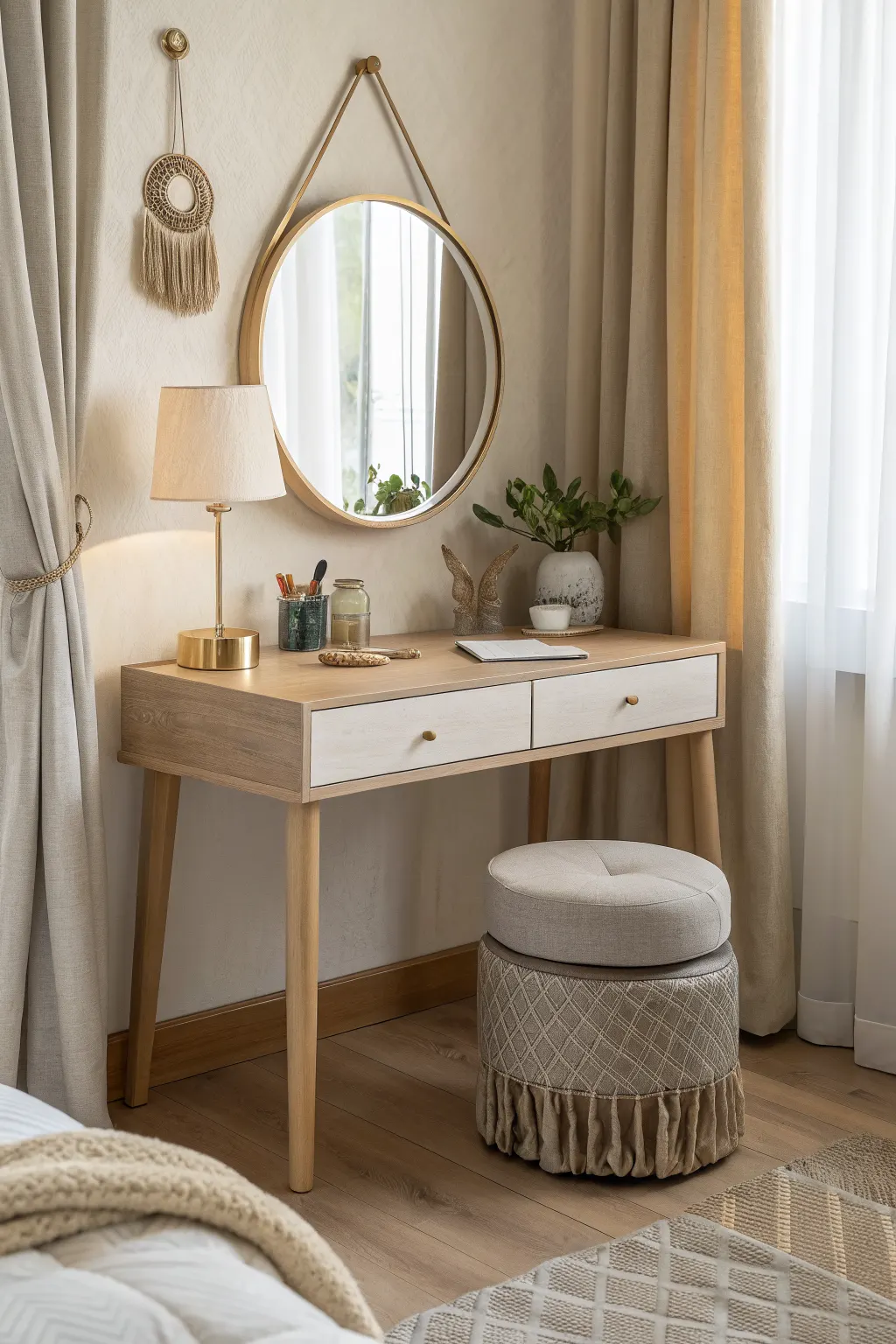 Light wood vanity with round mirror, lamp, and fringed stool beside beige bedroom curtains