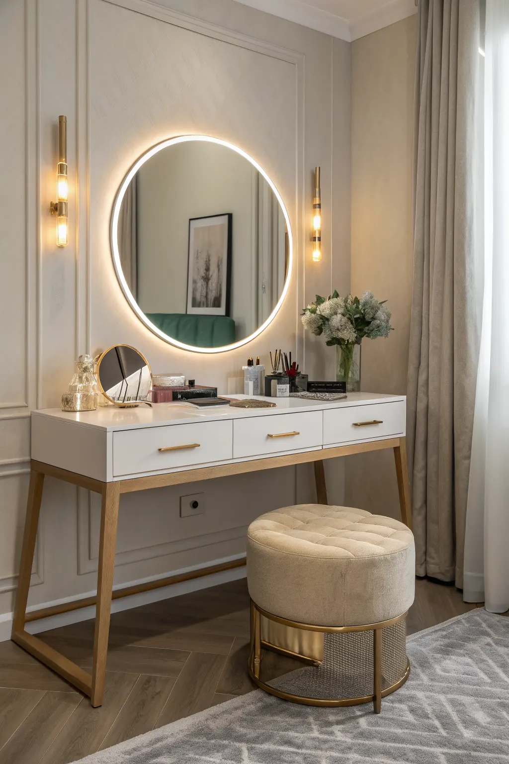 White and wood vanity with round lit mirror, gold sconces, cushioned stool, and flowers by window