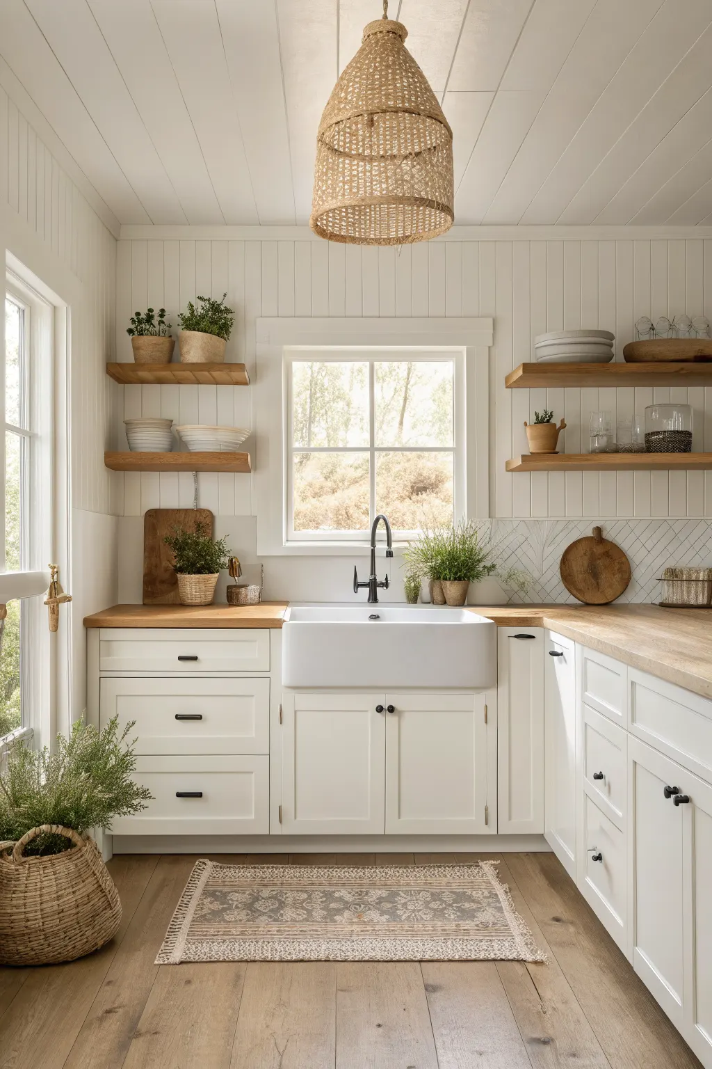 25 Farmhouse Kitchen Sink Ideas for a Charming, Timeless Kitchen White farmhouse sink beneath window, with wood shelves, woven pendant, herbs, and warm oak countertops