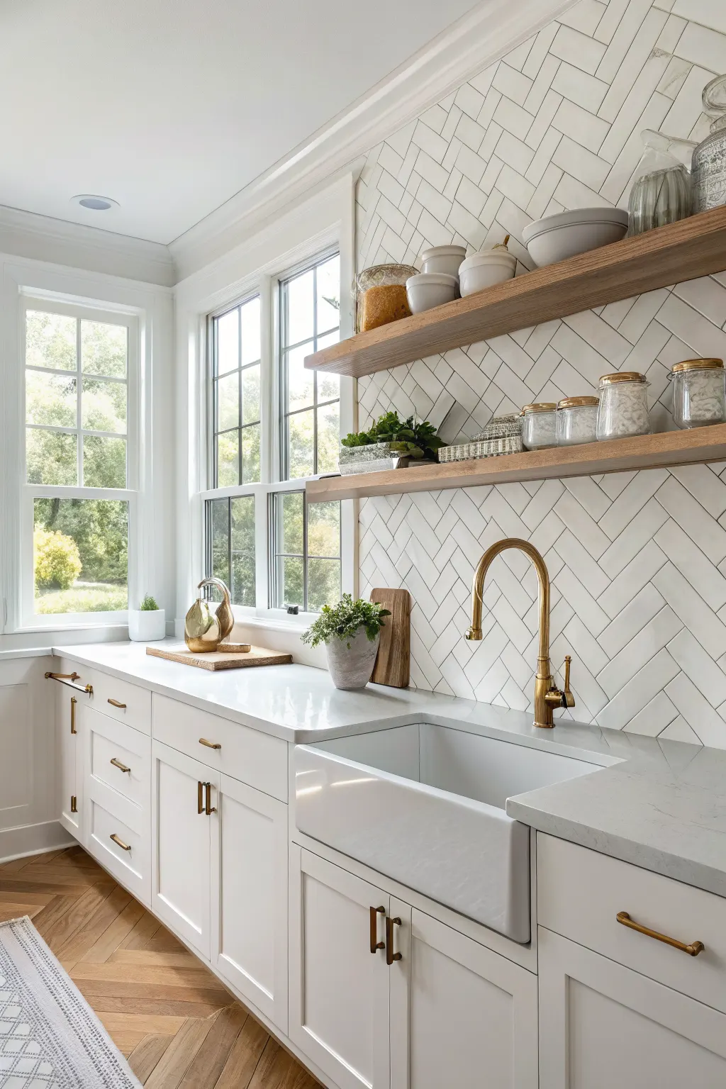 Bright kitchen with glossy white rectangular wall tiles in a herringbone backsplash pattern above a quartz countertop and