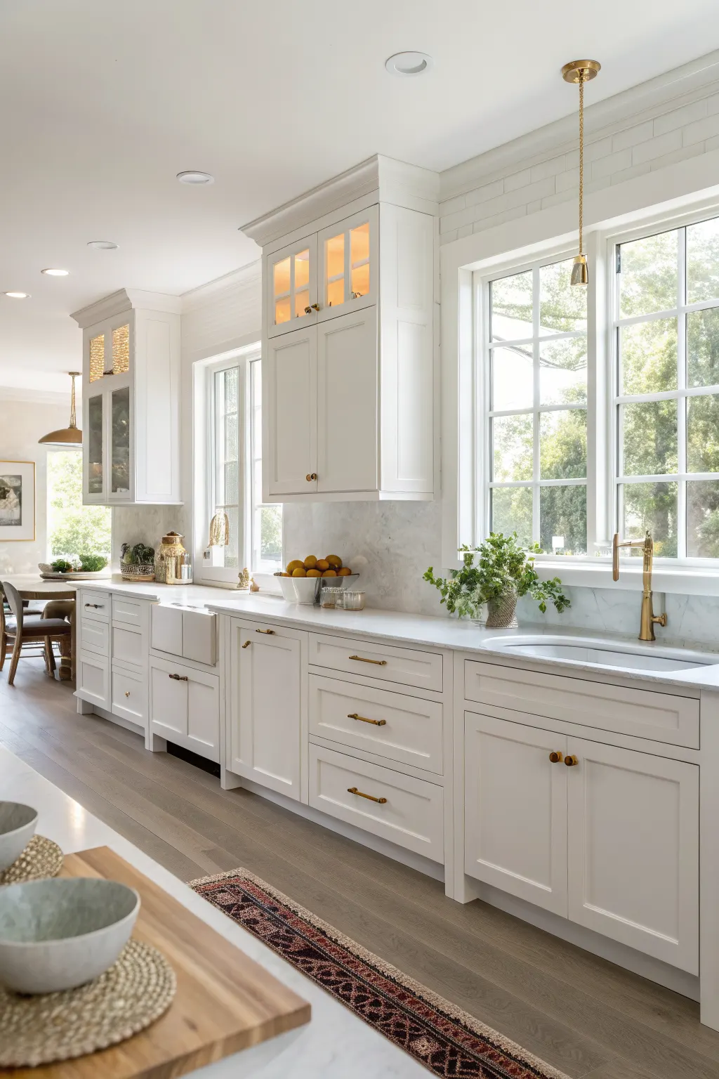 25 Kitchen Cabinet Color Ideas That Completely Transform a Kitchen Bright open kitchen with crisp white kitchen cabinets, pale quartz counters, and warm brass hardware in natural light.
