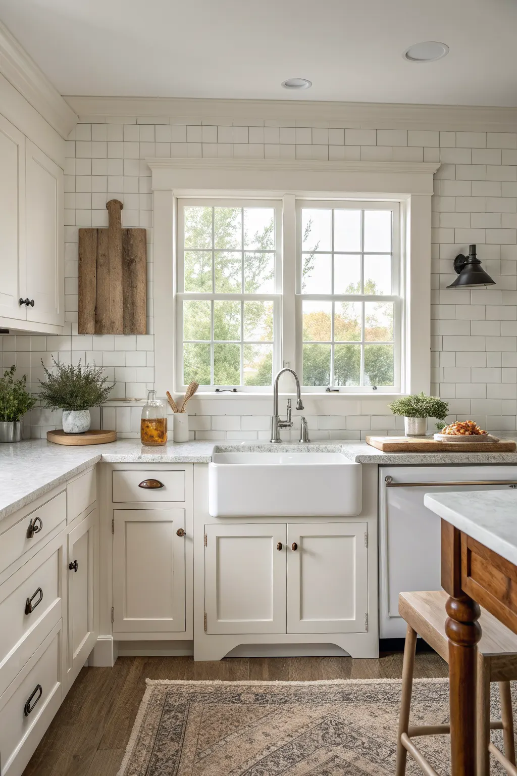 25 Farmhouse Kitchen Sink Ideas for a Charming, Timeless Kitchen White apron-front sink beneath two windows with shaker cabinets, subway tile, and wood accents