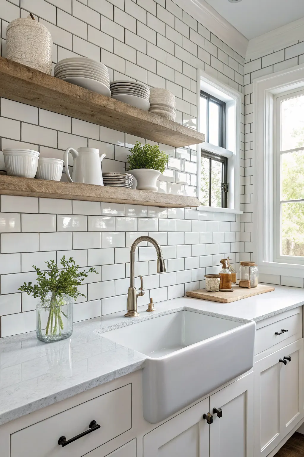 White subway tile backsplash with farmhouse sink, wood shelves, white dishes, and bright windows