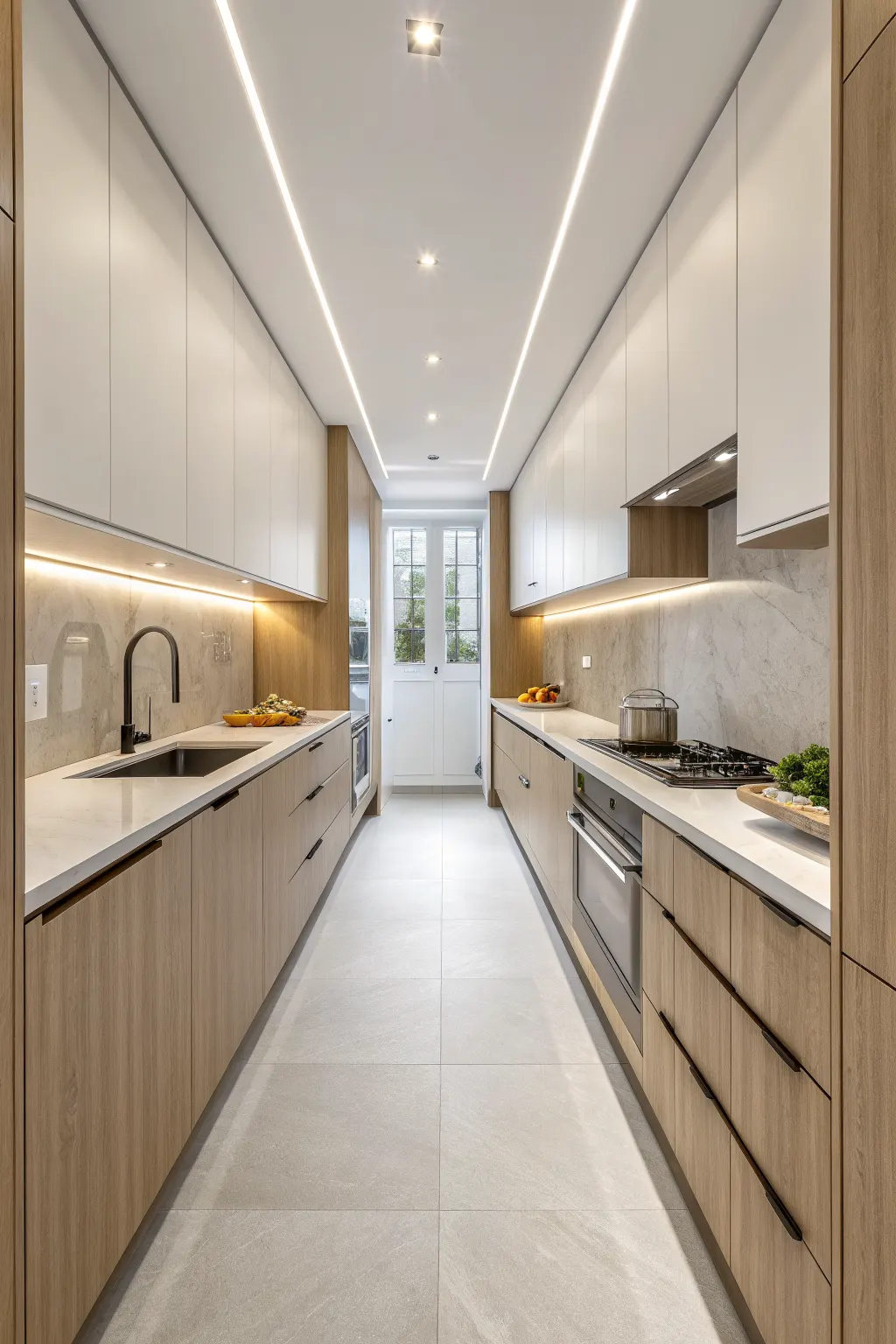 Compact galley minimalist kitchen with symmetrical cabinets, pale wood finishes, stone counters, and soft natural light.