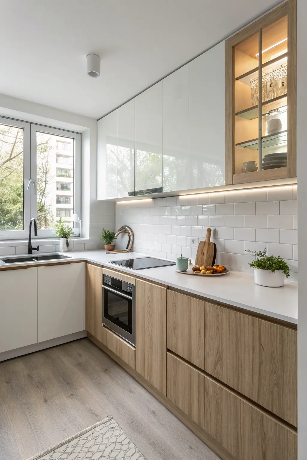 Compact minimalist kitchen with satin cabinets, glass-front storage, and a reflective light gray backsplash brightening a
