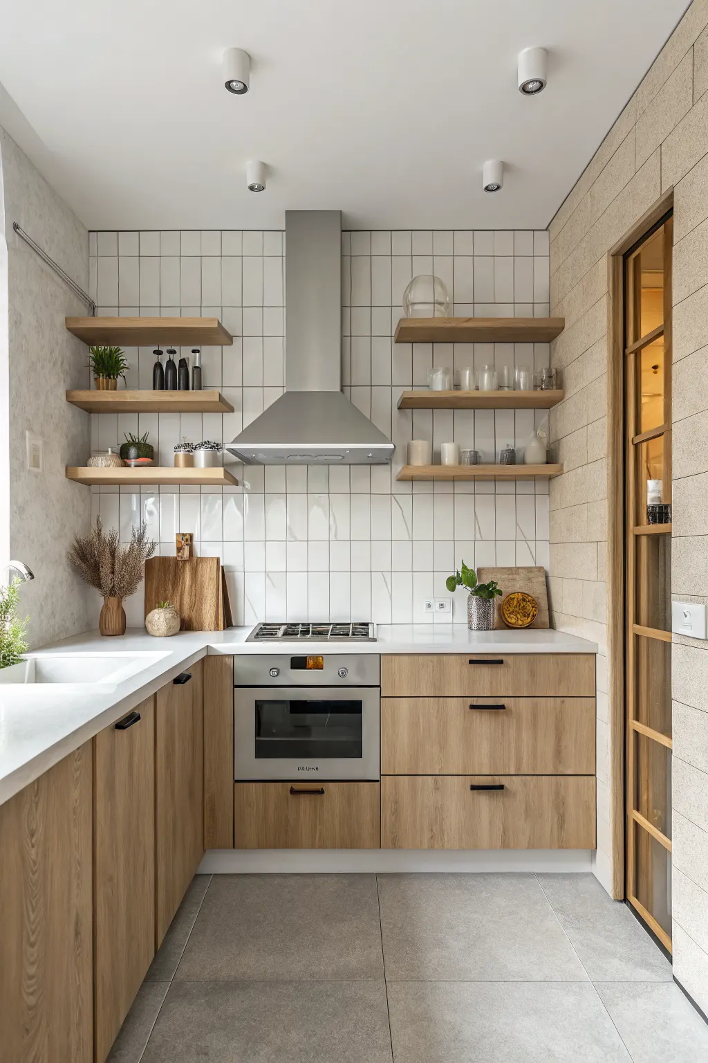 Compact kitchen with full-height wall tiles running to the ceiling behind open shelves and a hood surround.