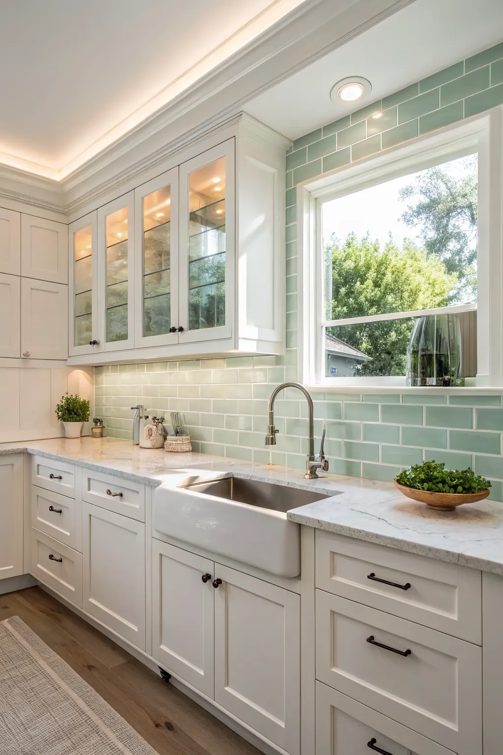 Compact kitchen with pale glass backsplash tiles reflecting daylight, white cabinets, and a bright polished finish that suits