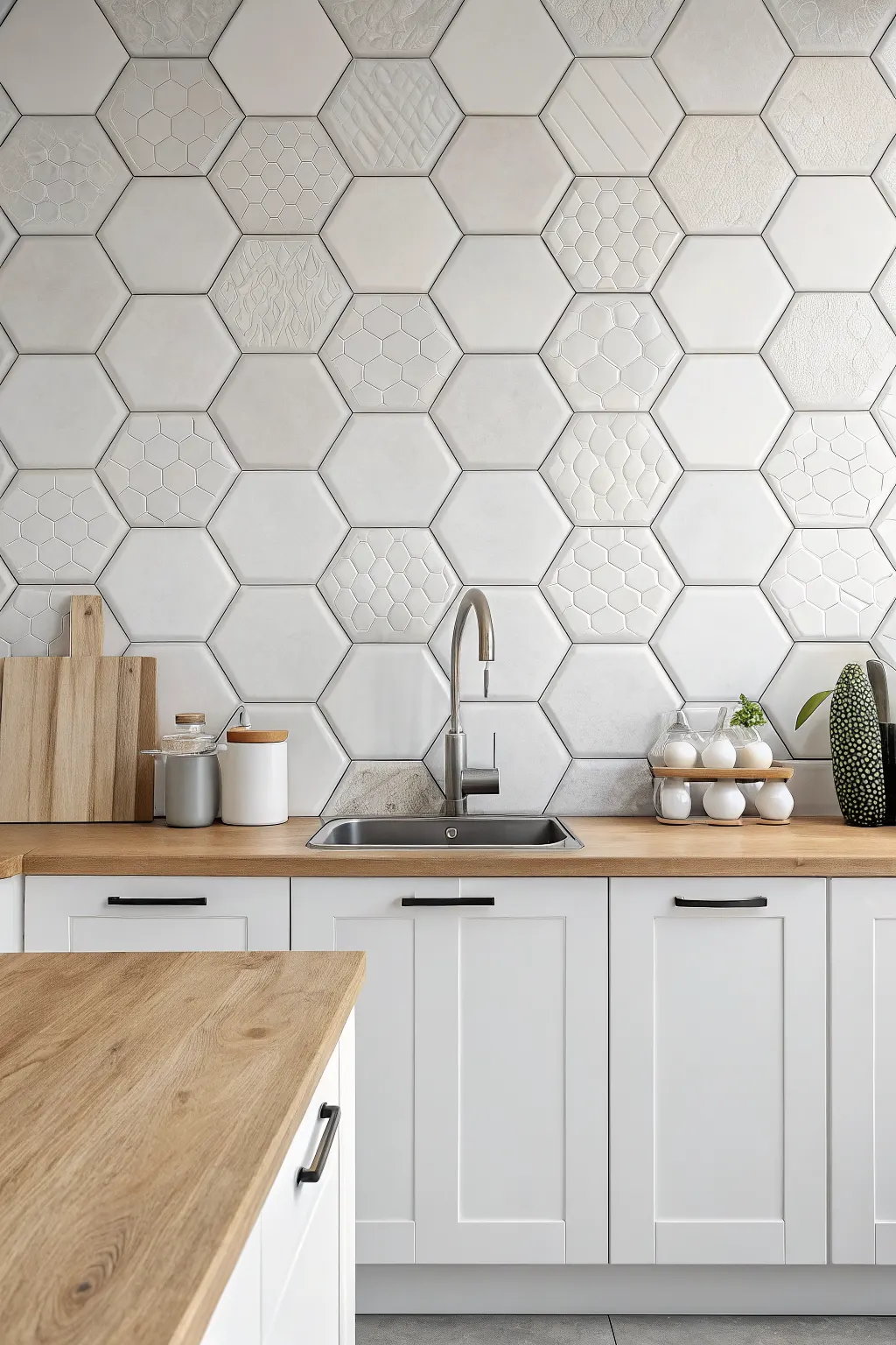 Contemporary kitchen with a white hexagon tile backsplash, light gray grout, wood countertop, and minimal decor for kitchen