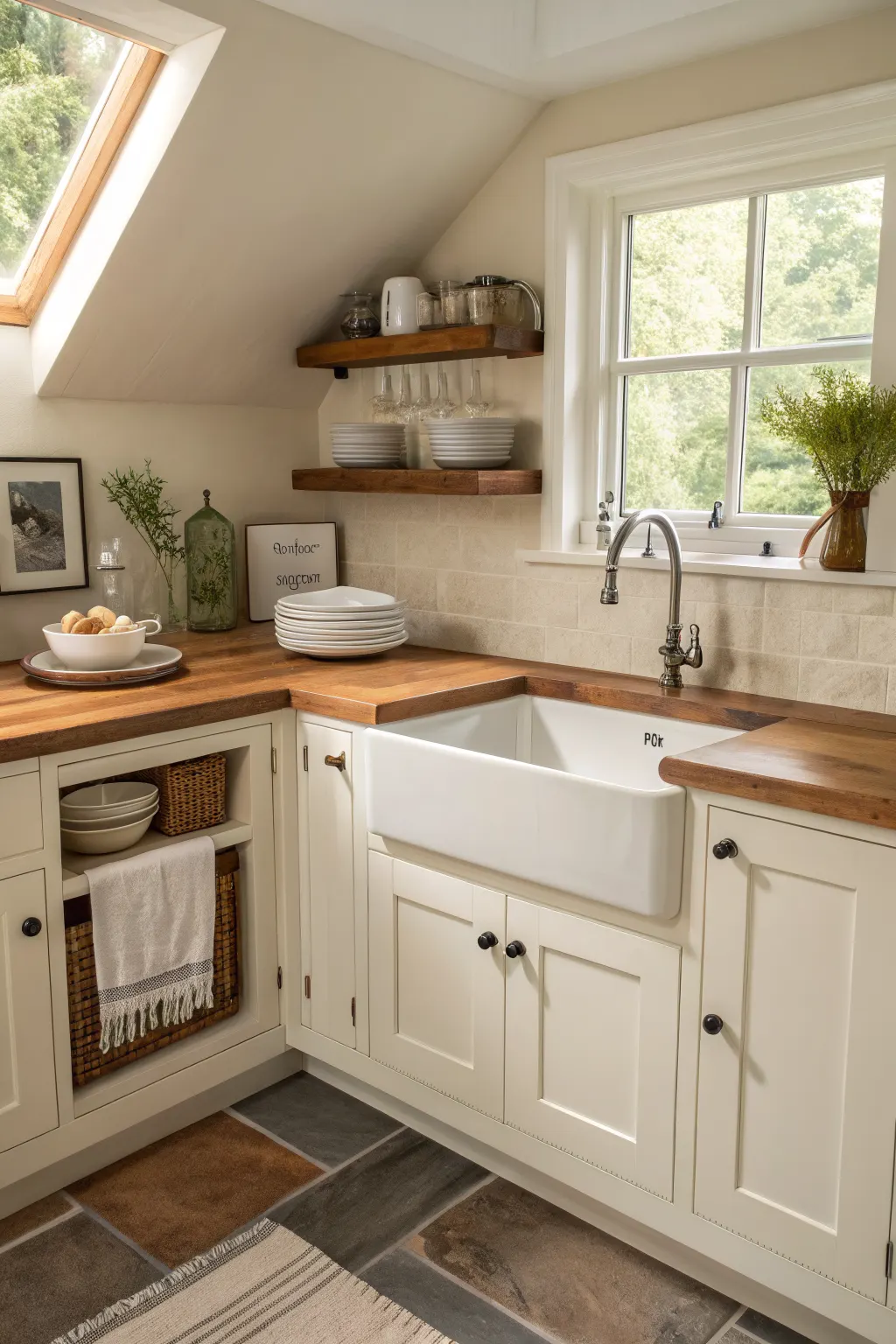 25 Farmhouse Kitchen Sink Ideas for a Charming, Timeless Kitchen Corner apron-front sink set into angled cabinetry with butcher block counters on both sides in a small modern farmhouse
