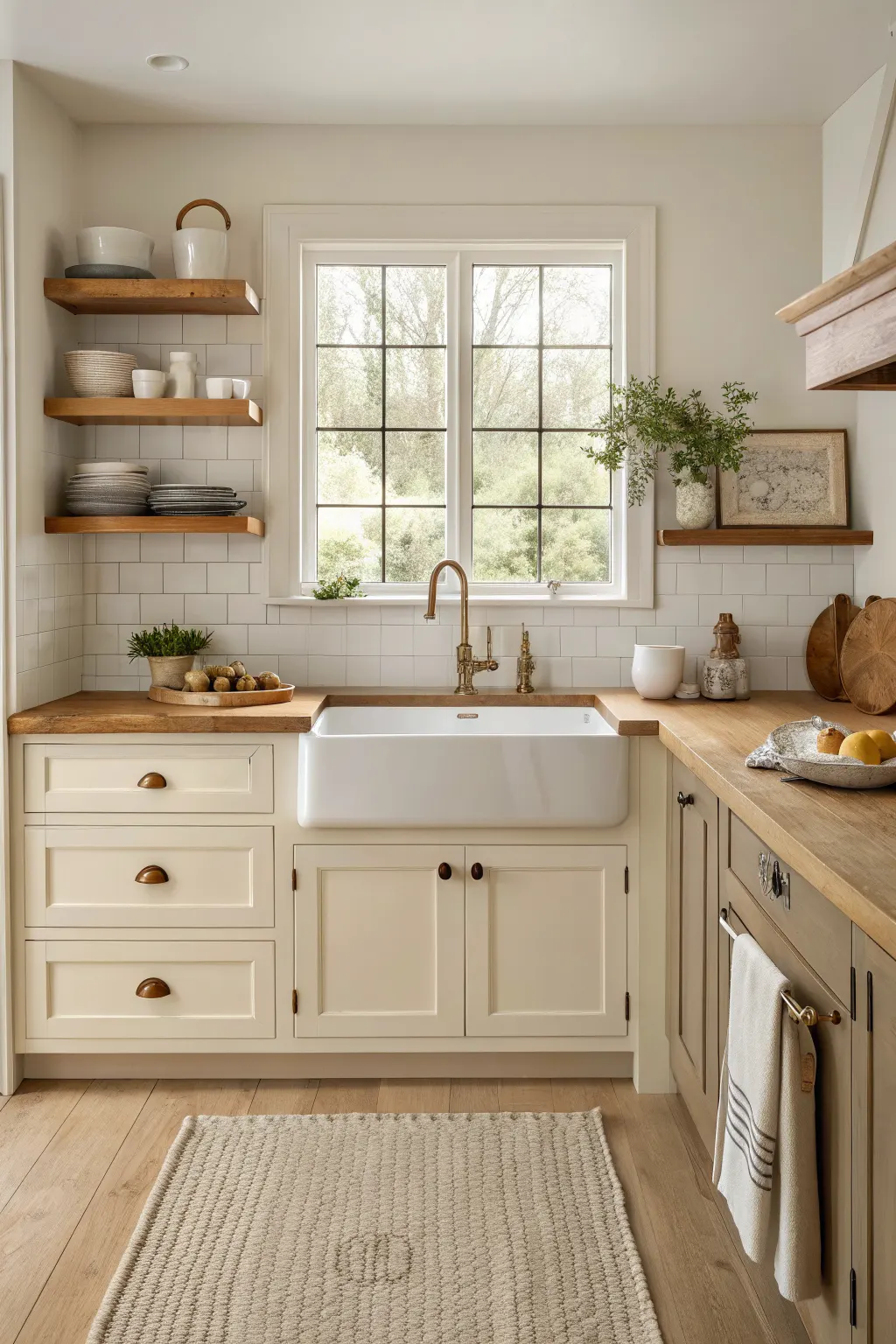 25 Farmhouse Kitchen Sink Ideas for a Charming, Timeless Kitchen Cream and wood farmhouse kitchen with a white apron-front sink, cream cabinets, oak accents, and soft natural light.
