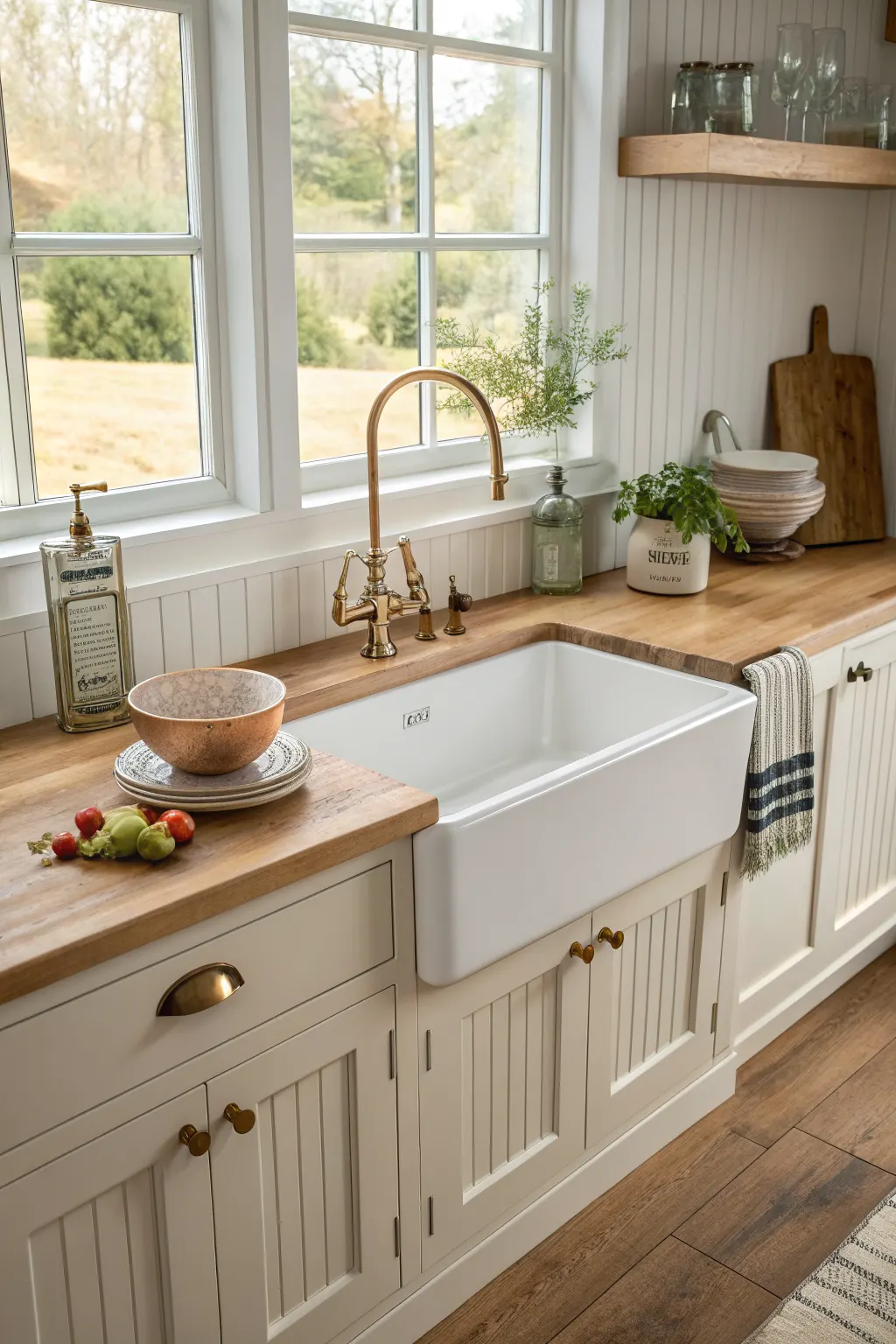 25 Farmhouse Kitchen Sink Ideas for a Charming, Timeless Kitchen Deep white fireclay apron-front sink in a country farmhouse kitchen with beadboard, warm wood floors, and classic cabinet