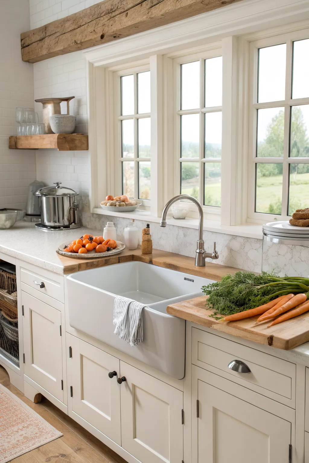 25 Farmhouse Kitchen Sink Ideas for a Charming, Timeless Kitchen Double-bowl apron-front sink with a low divider in a calm family farmhouse kitchen, with one basin soaking dishes and the