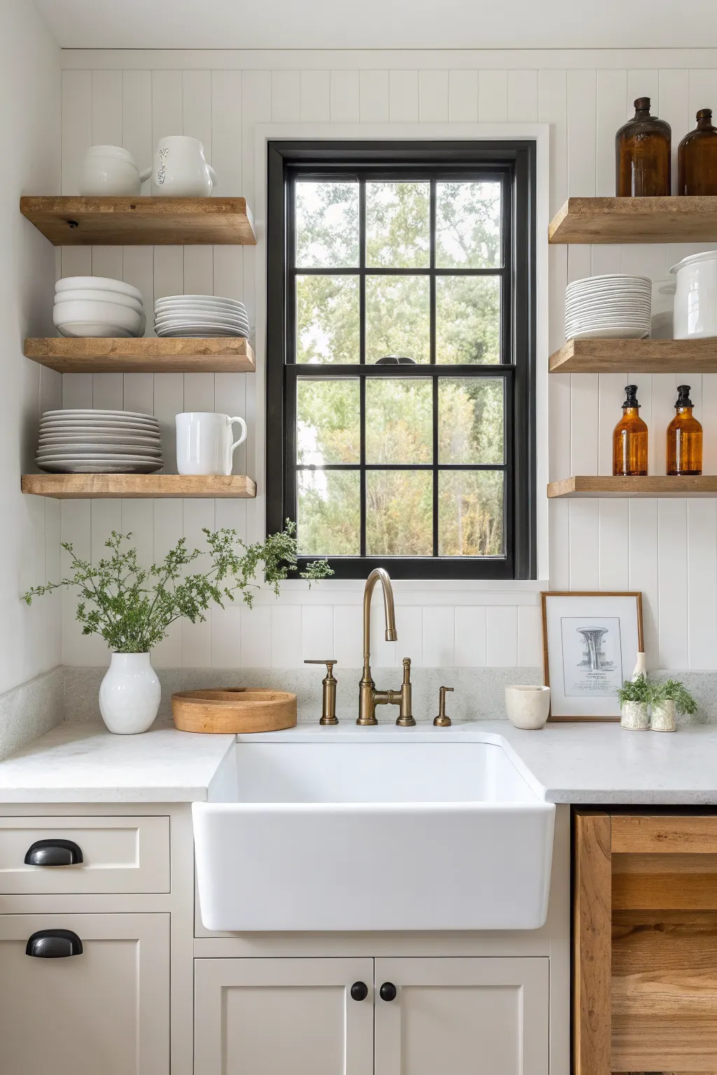 25 Farmhouse Kitchen Sink Ideas for a Charming, Timeless Kitchen Farmhouse kitchen sink ideas with open wood shelves above a white apron-front sink, styled with dishes, amber bottles