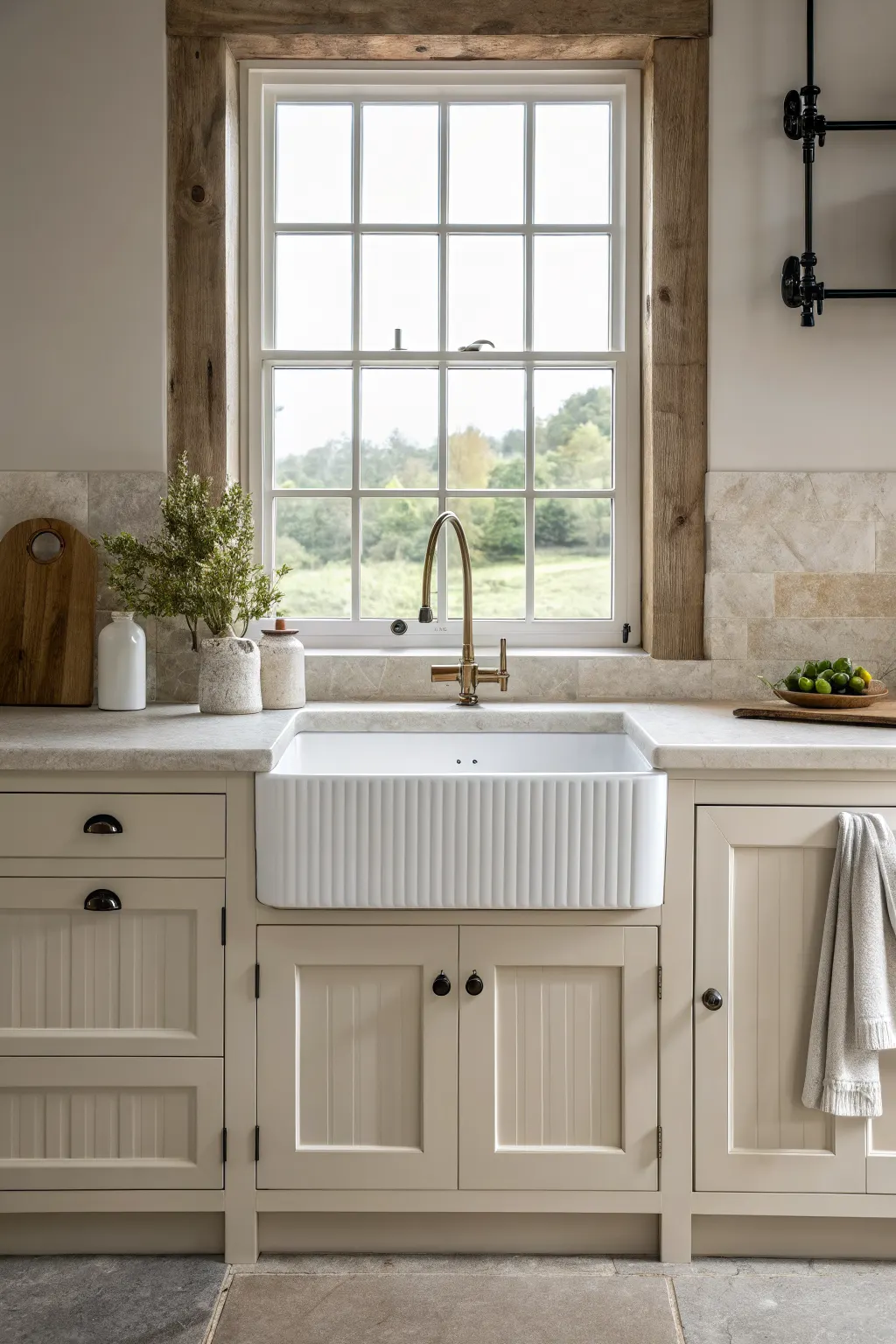 25 Farmhouse Kitchen Sink Ideas for a Charming, Timeless Kitchen Fluted white apron-front sink in a simple farmhouse kitchen with plain cabinetry, stone countertop, and understated fixtures.