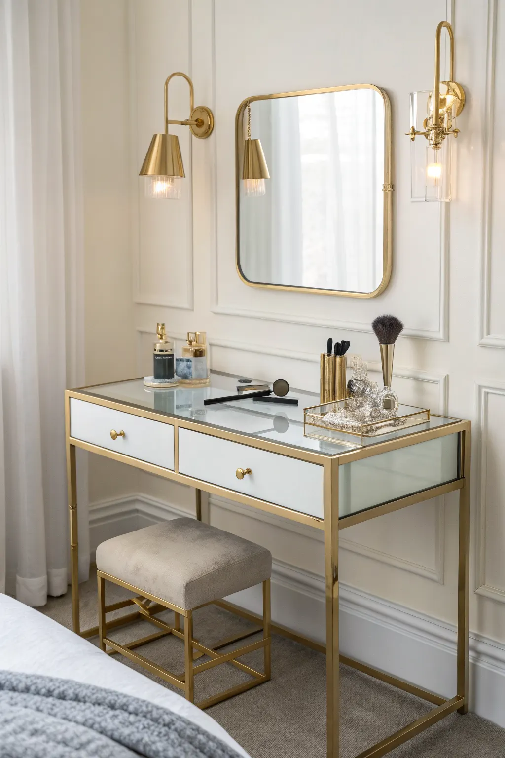 White and gold glass-top vanity with mirror, brass sconces, makeup brushes, and cushioned stool