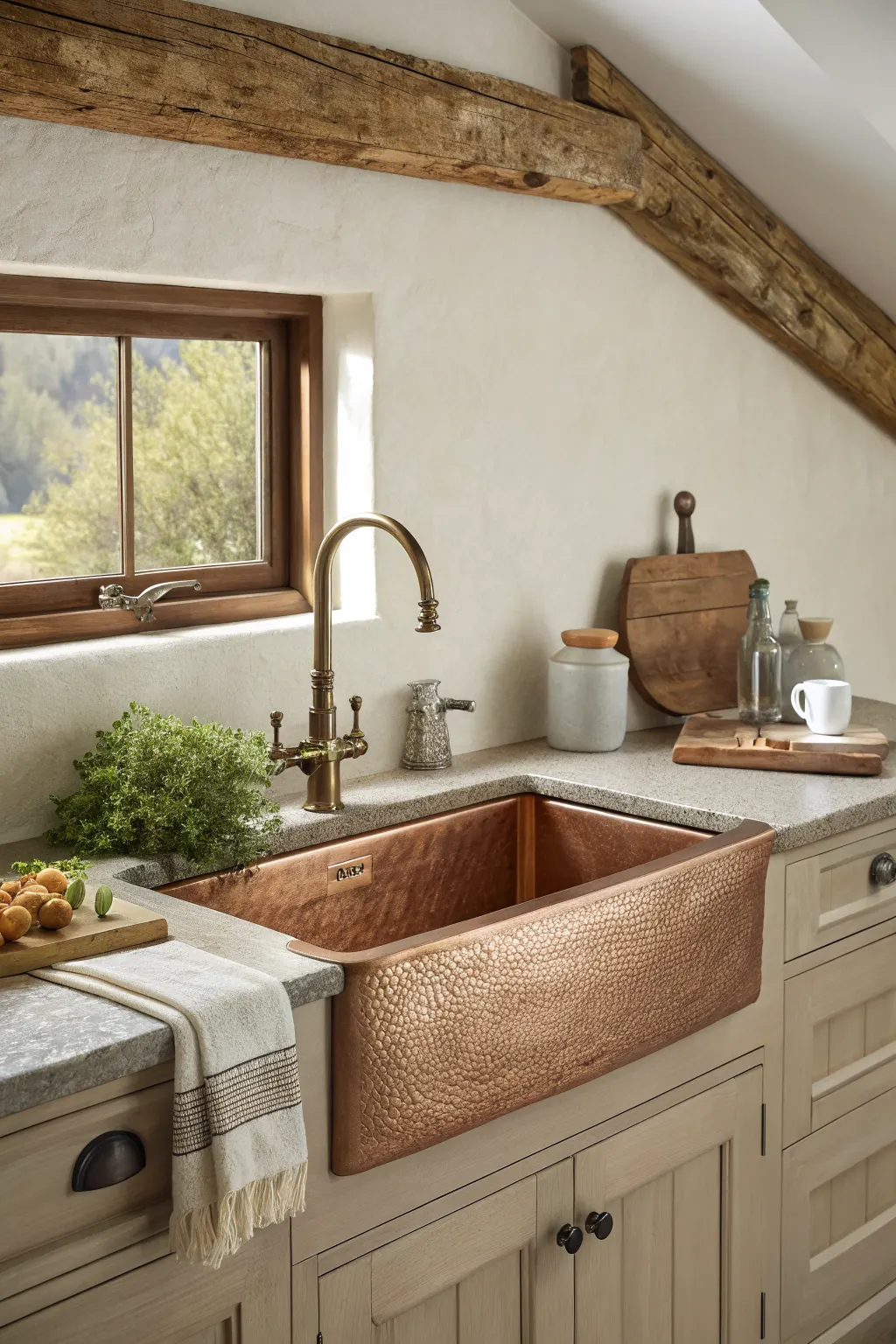 25 Farmhouse Kitchen Sink Ideas for a Charming, Timeless Kitchen Hammered copper apron-front sink with an aged brass faucet, muted counters, plaster wall, and rustic farmhouse kitchen