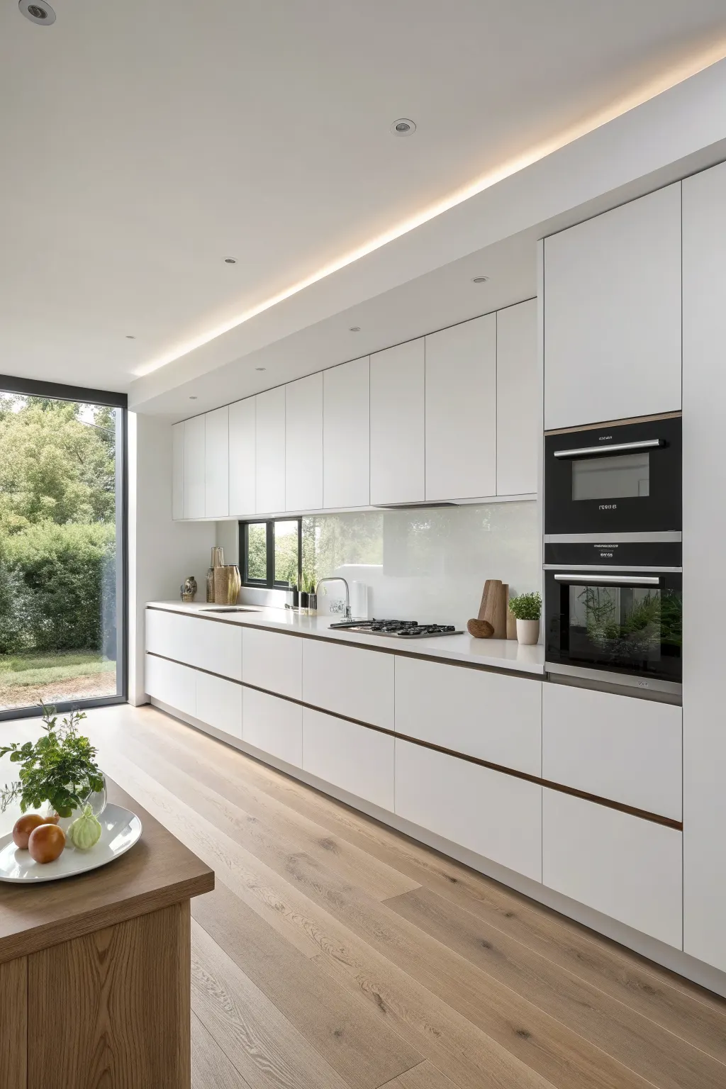 Handleless flat-panel cabinets in a warm white minimalist kitchen with quartz counters and a plain backsplash.