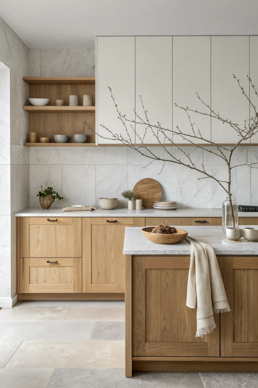 Japandi minimalist kitchen with light oak cabinets, pale stone surfaces, handmade ceramics, and soft natural light.