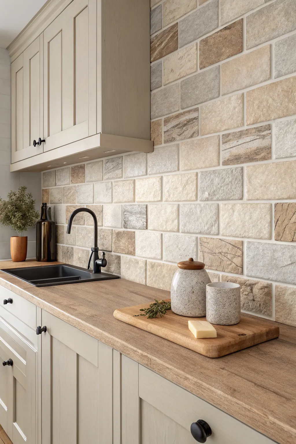 Kitchen backsplash with matte beige and greige wall tiles, creamy cabinets, wood accents, black faucet, and pale quartz