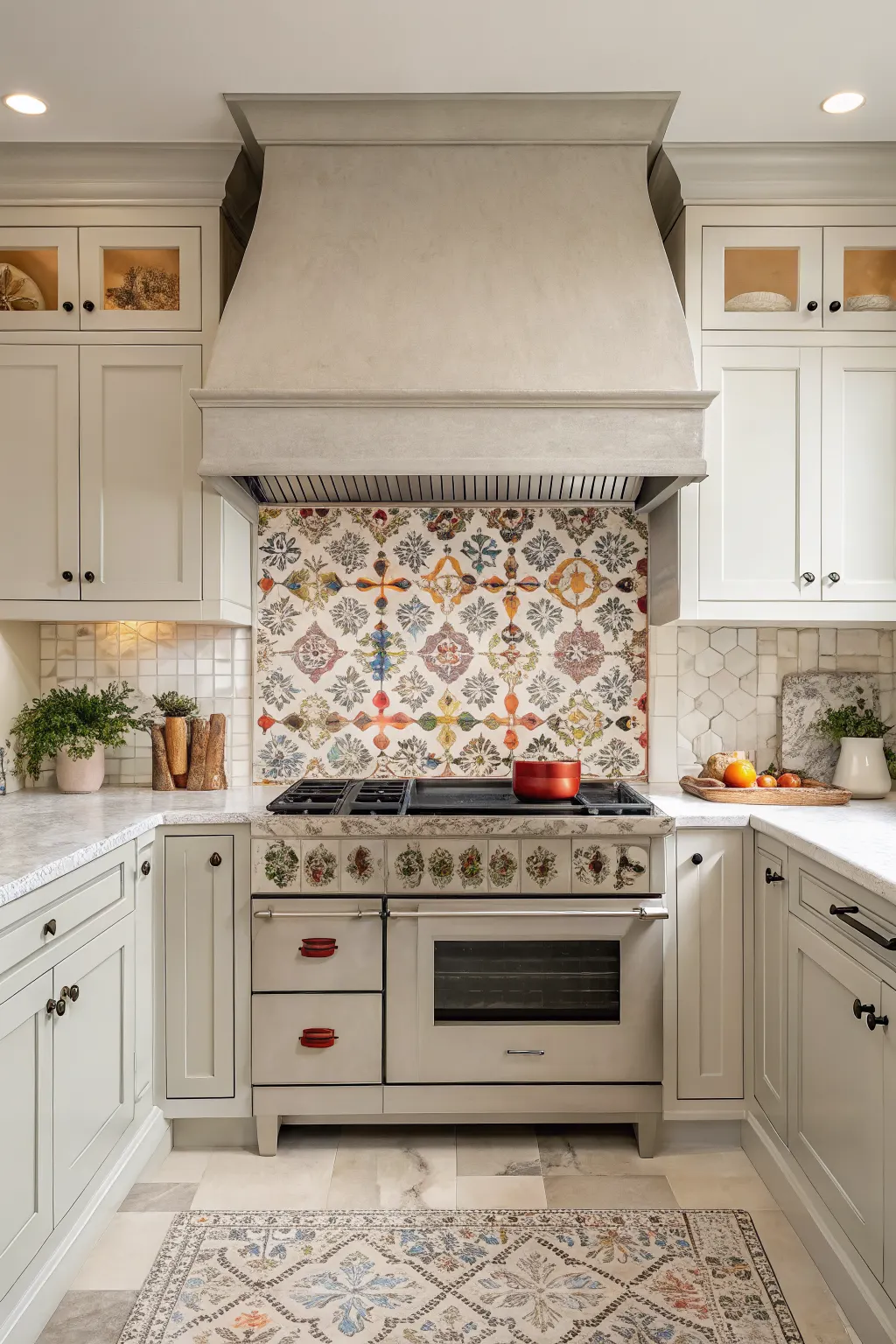 Kitchen stove wall with bold patterned backsplash tiles, simple cabinets, and neutral counters creating a balanced focal