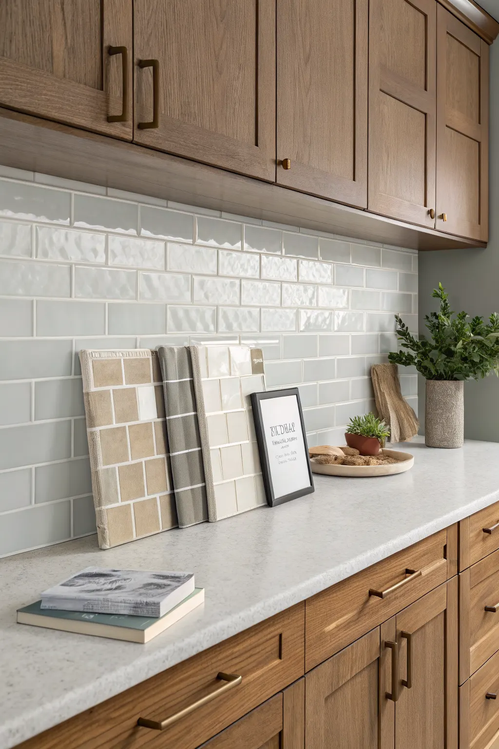 Kitchen wall tiles ideas shown through tile samples compared against a light countertop, wood cabinets, and natural daylight