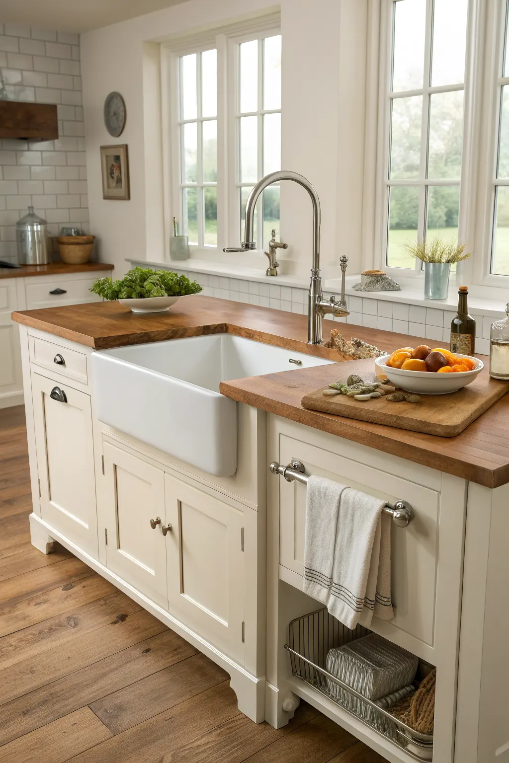 25 Farmhouse Kitchen Sink Ideas for a Charming, Timeless Kitchen Large farmhouse kitchen island with a mini white apron-front prep sink and warm wood countertop.