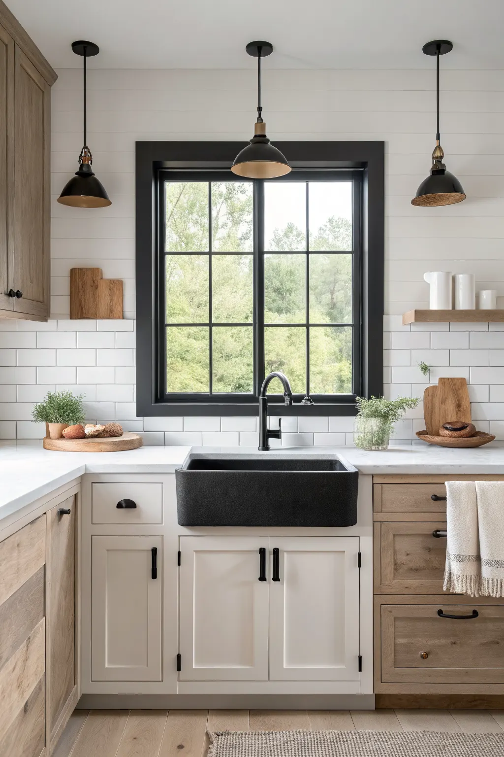25 Farmhouse Kitchen Sink Ideas for a Charming, Timeless Kitchen Matte black apron-front sink in a modern farm kitchen with white oak cabinets, pale quartz, and black accents.