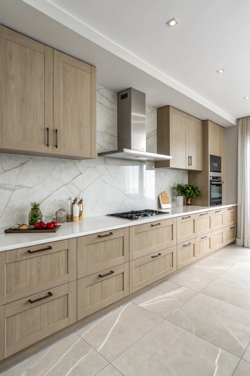 Minimal contemporary kitchen with large-format kitchen wall tiles in light gray and very few grout lines behind the cooktop