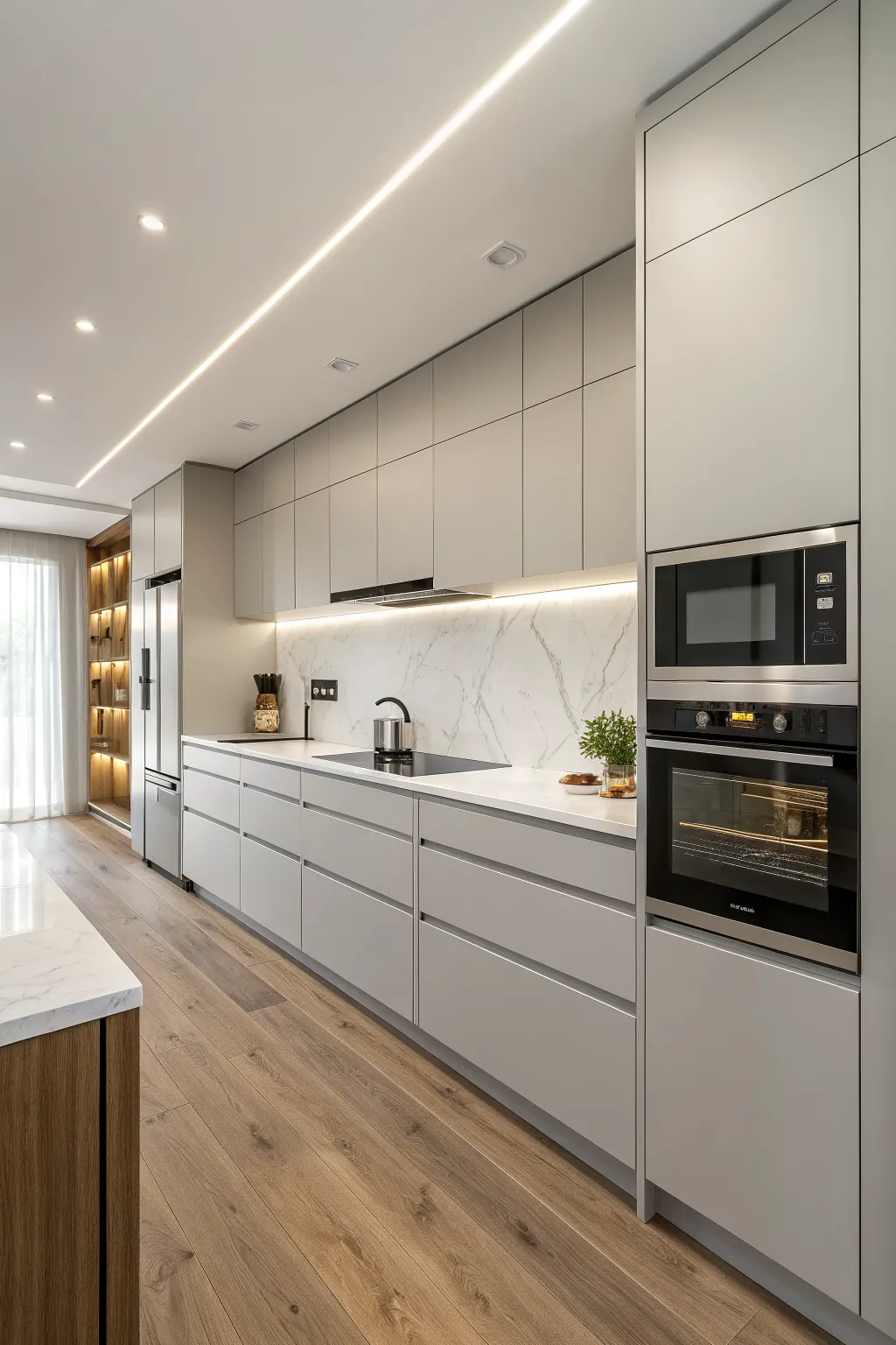 Minimalist galley kitchen with pale gray handleless cabinets and hidden built-in appliances for a seamless kitchen set