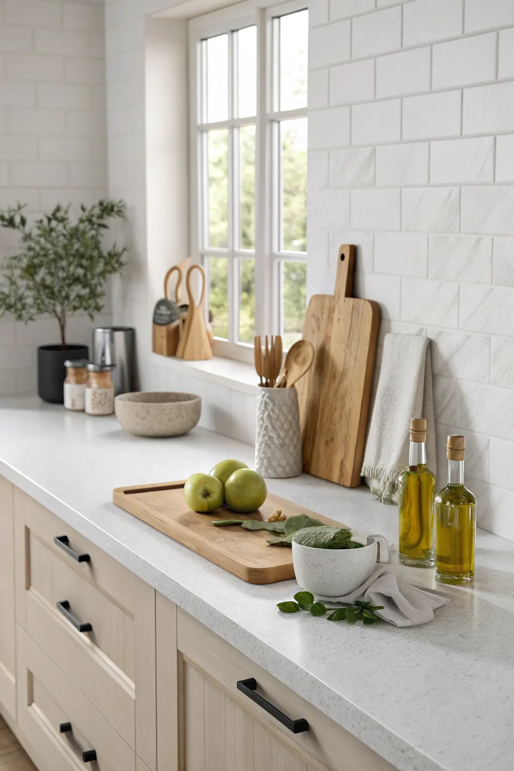 Minimalist kitchen counter with a wooden cutting board, ceramic utensil holder, oil tray, and fruit bowl arranged with open