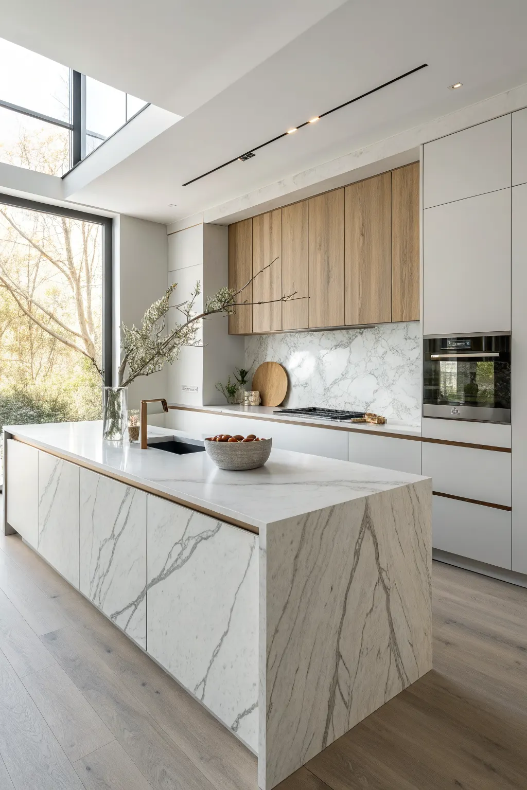 Minimalist minimalist kitchen with a veined natural stone island and full-height stone backsplash as the focal point.