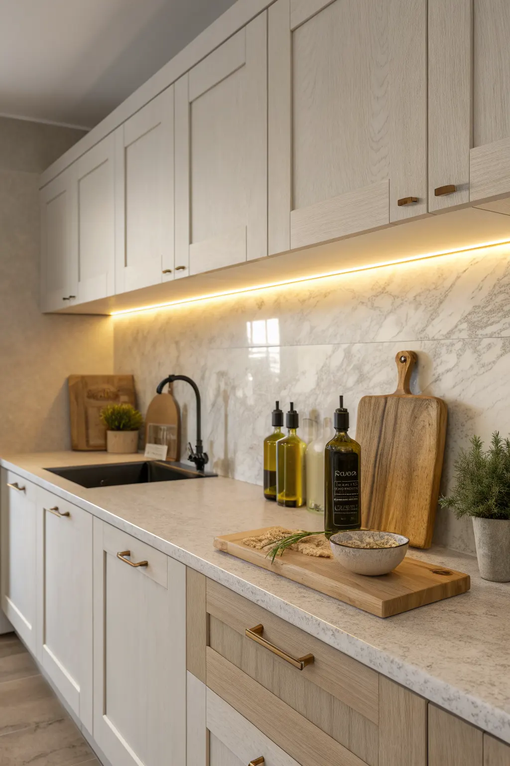 Minimalist minimalist kitchen with hidden under-cabinet lighting, light wood cabinets, pale stone counters, and sparse