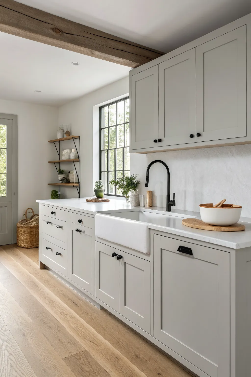 Minimalist minimalist kitchen with pale gray cabinets, white counters, black faucet accents, and warm wood flooring in