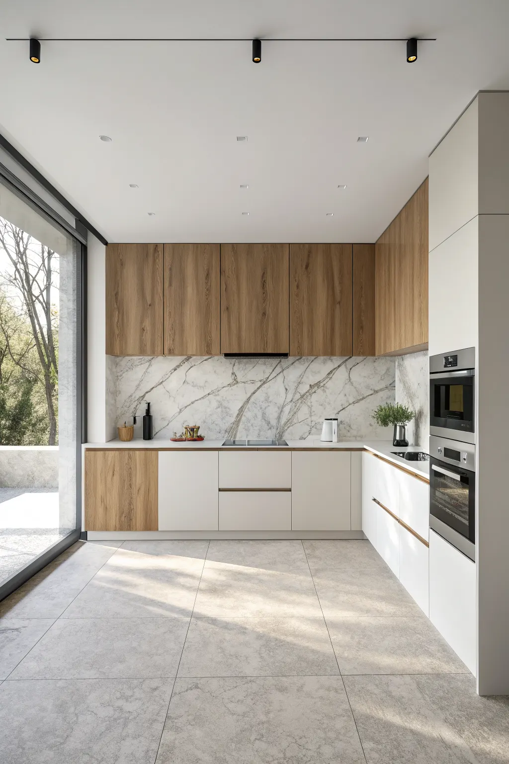 Minimalist kitchen with pale wood and white cabinetry highlighted by a bold veined marble slab backsplash.