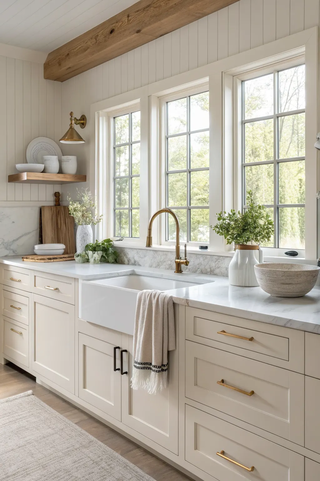 25 Farmhouse Kitchen Sink Ideas for a Charming, Timeless Kitchen Modern farmhouse kitchen with a white apron-front sink and warm greige quartz countertops in a bright, easy-care layout.
