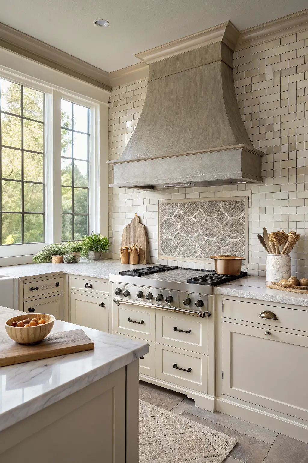 Neutral kitchen with mixed backsplash tiles, cream cabinets, stone counters, and brushed metal range hood