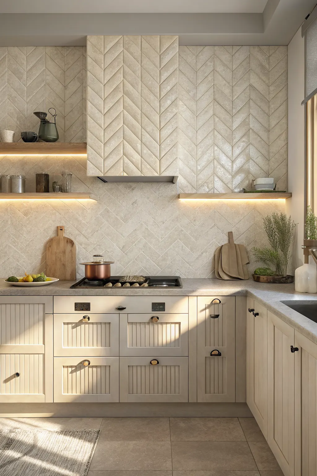 Modern kitchen backsplash with subtly textured off-white tiles lit to show soft shadow lines in a clean cooking area.