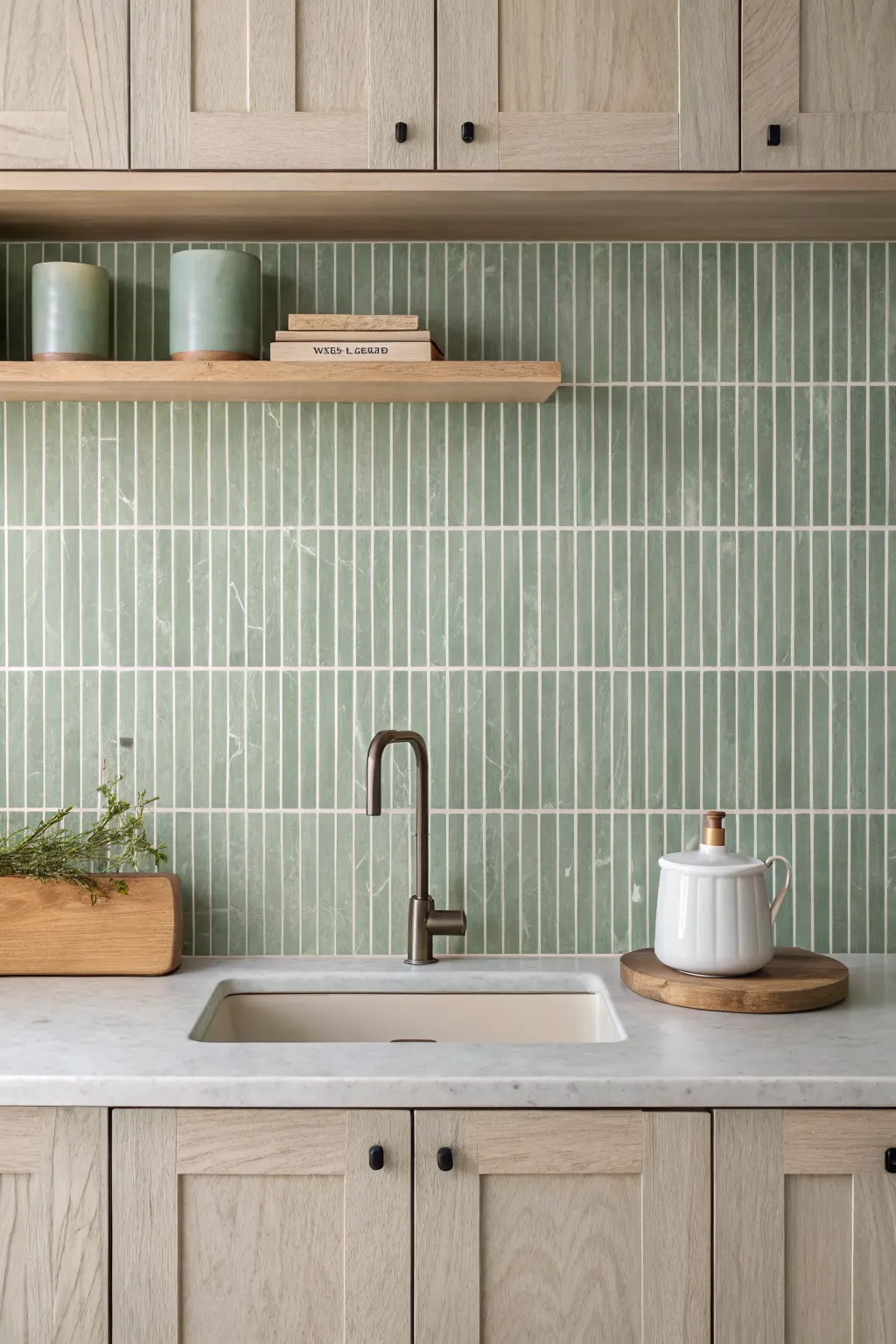 Sage green vertical finger tile backsplash above a sink, with wood cabinets and open shelf