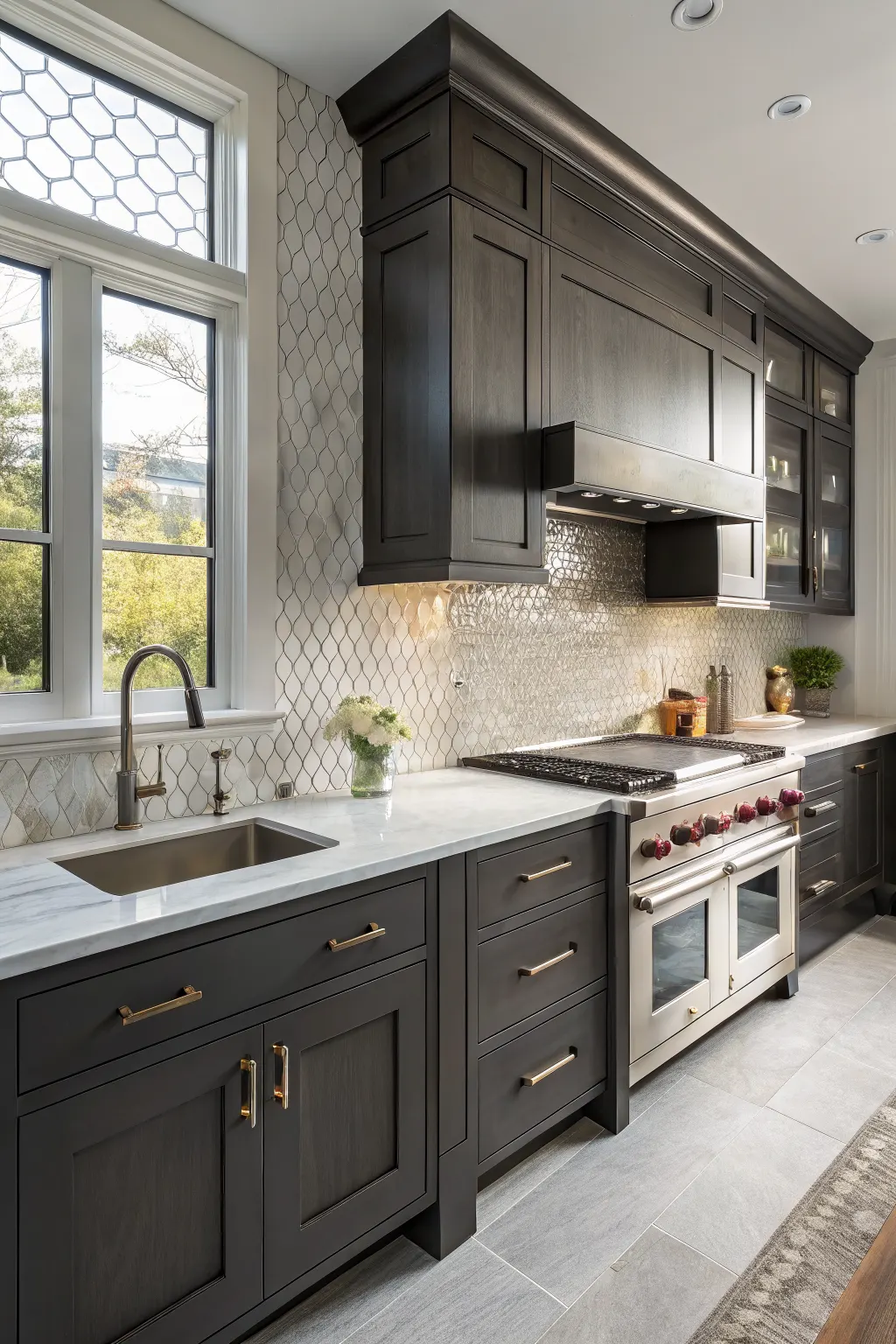 Modern kitchen featuring a metallic pearlescent tile accent behind the range, dark cabinetry, and stone countertops for