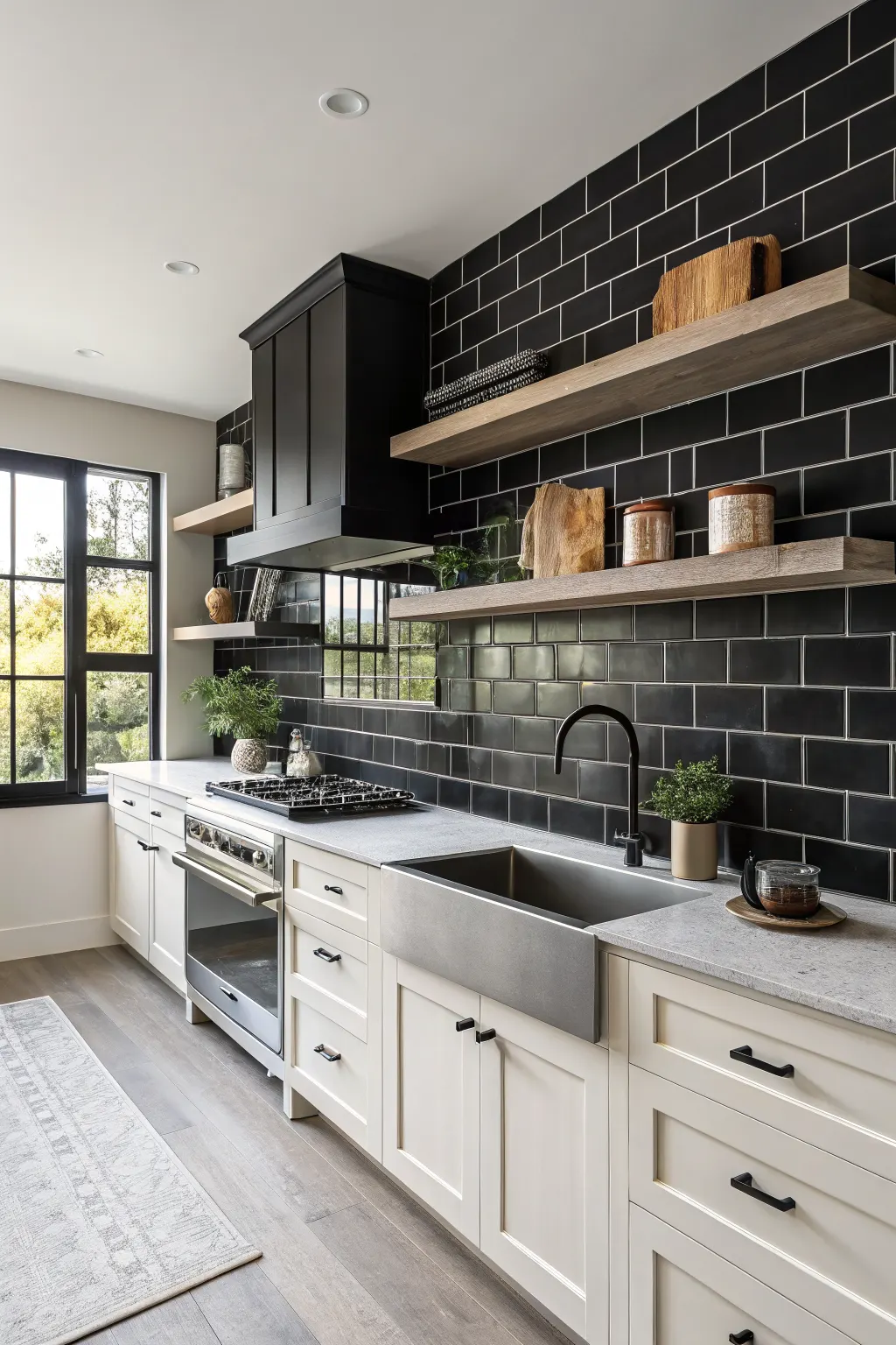 Modern kitchen featuring matte black wall tiles with matching grout, white cabinets, and a pale stone countertop for bold