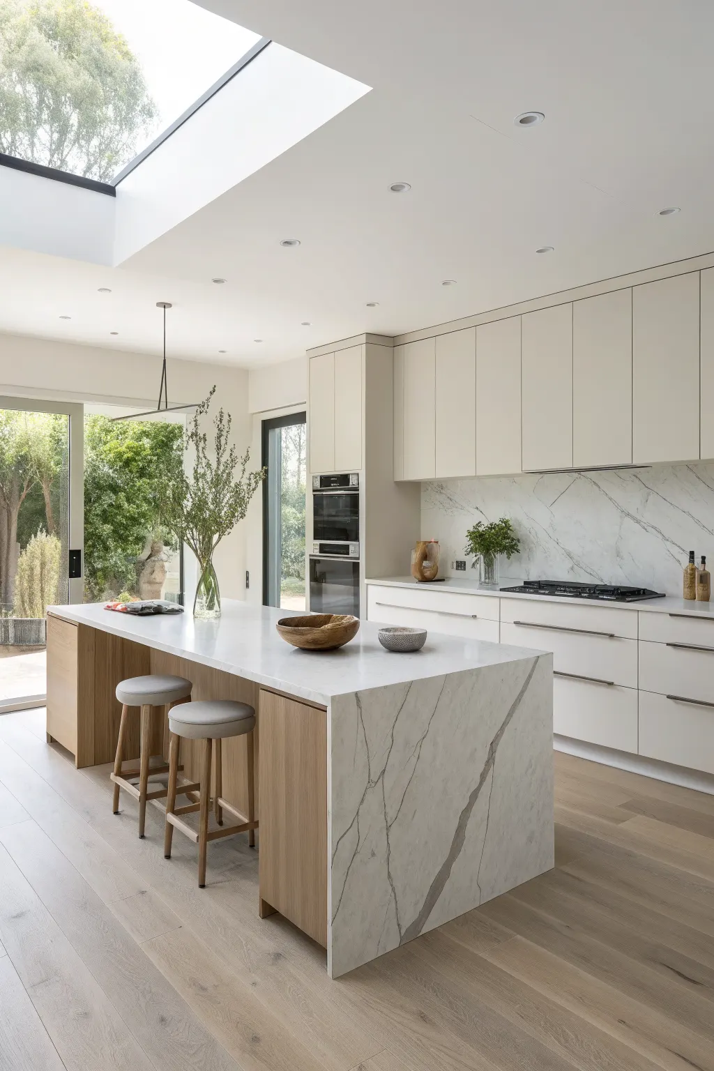 Modern minimalist kitchen with a pale quartz waterfall island, handleless cabinetry, and soft natural light.
