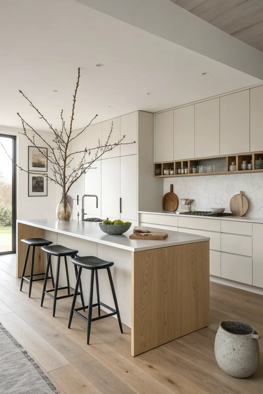 Modern minimalist kitchen with floor-to-ceiling cabinets, a pale wood island, and concealed organized storage.