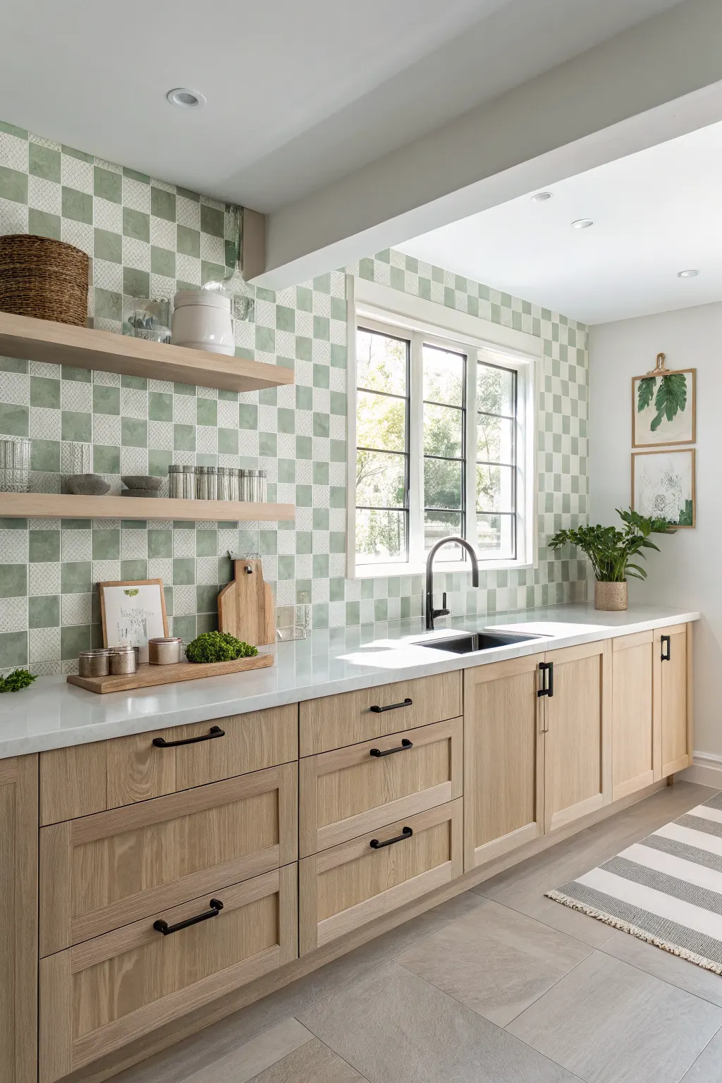 Modern kitchen wall tiles ideas featuring a muted green and white checkerboard backsplash with light wood cabinets and a pale