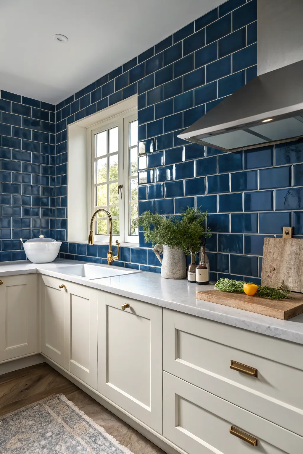 Modern kitchen with glossy deep blue backsplash tiles, white cabinets, pale stone counters, and soft natural light.