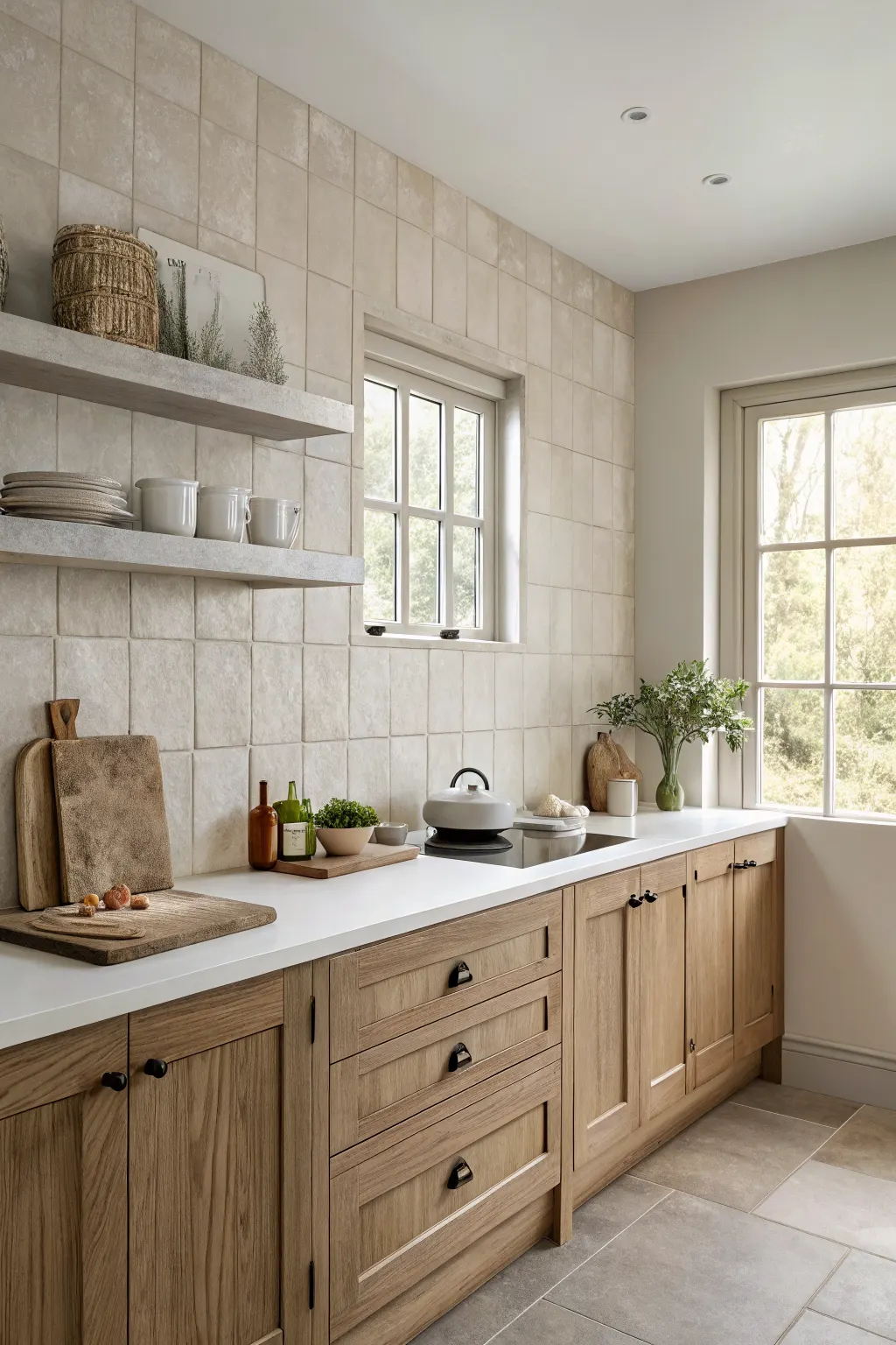 Modern kitchen with soft greige matte backsplash tiles, oak cabinets, and stone-look counters in gentle natural light.